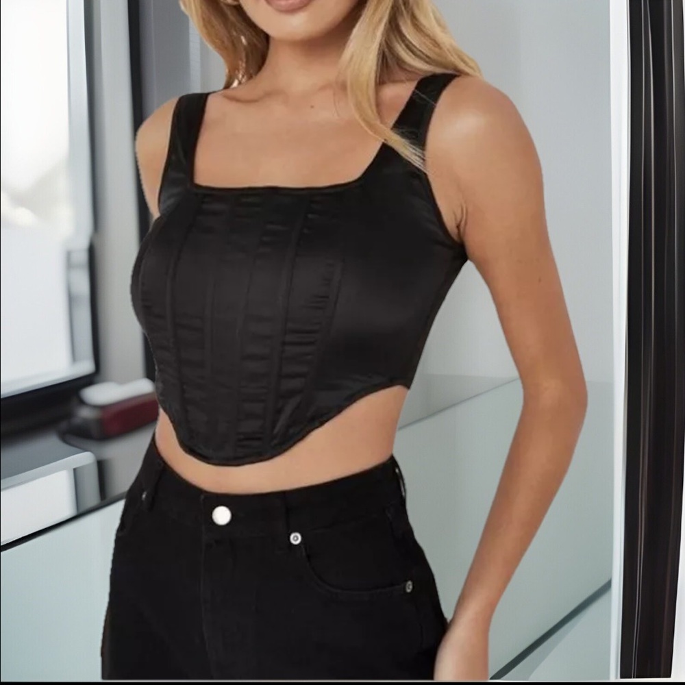Black Satin Bustier A Structured Corset Front W/A Sexy Zip Up Crop Asymmetrical